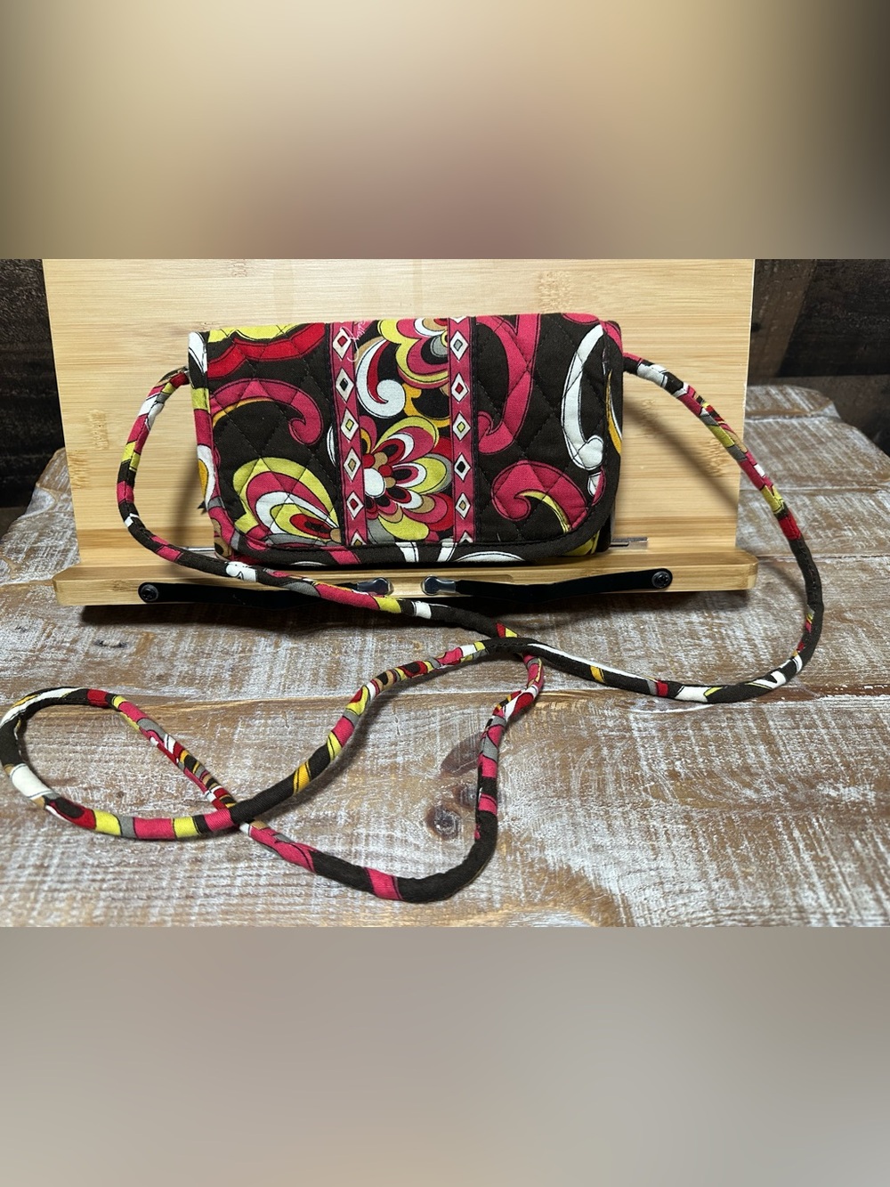Vera Bradley Quilted Crossbody Wallet Clutch Organizer Pink Brown Yellow